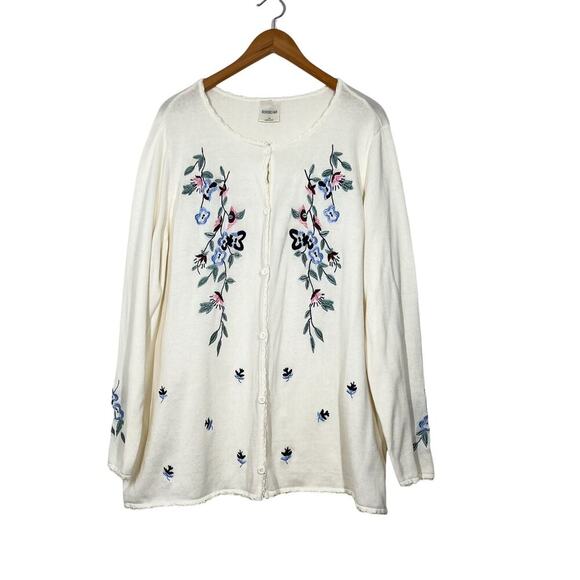 Vintage Bedford Fair Cardigan Sz 2X  White Floral Embroidery Crew Neck Button Up - Picture 1 of 10